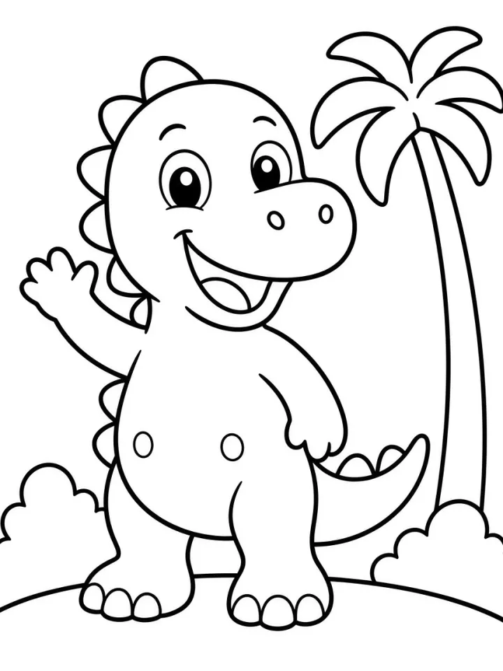 Beginner page: a cheerful T. rex waving next to a palm tree