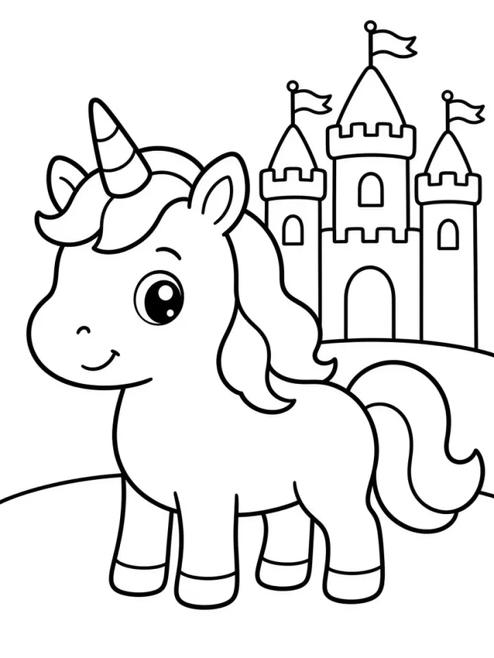 Beginner page: one big unicorn in front of a simple castle, drawn in thick lines