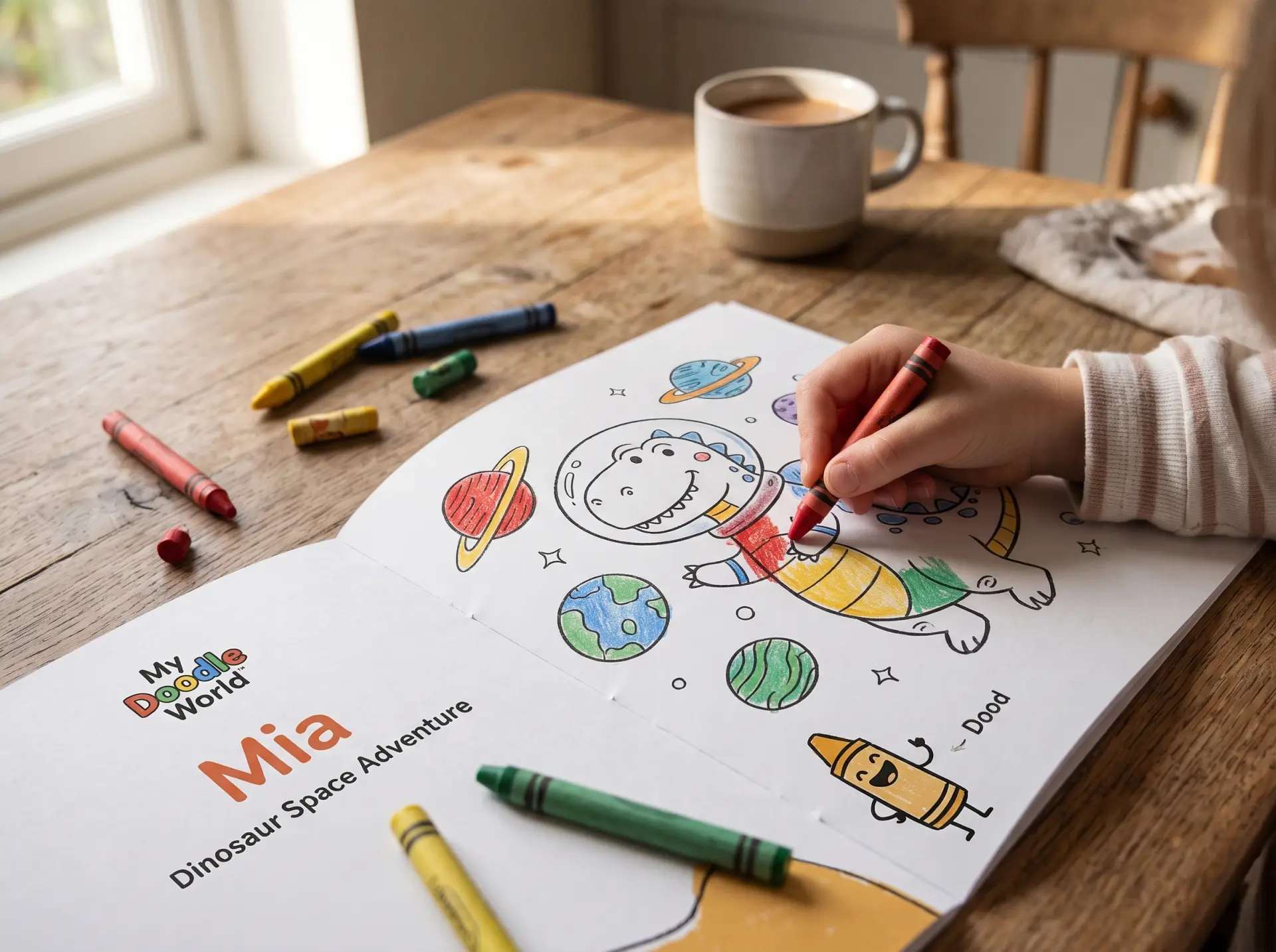 Mock-up: a child colouring a dinosaur astronaut page in a book with the name Mia on it, crayons on a wooden table