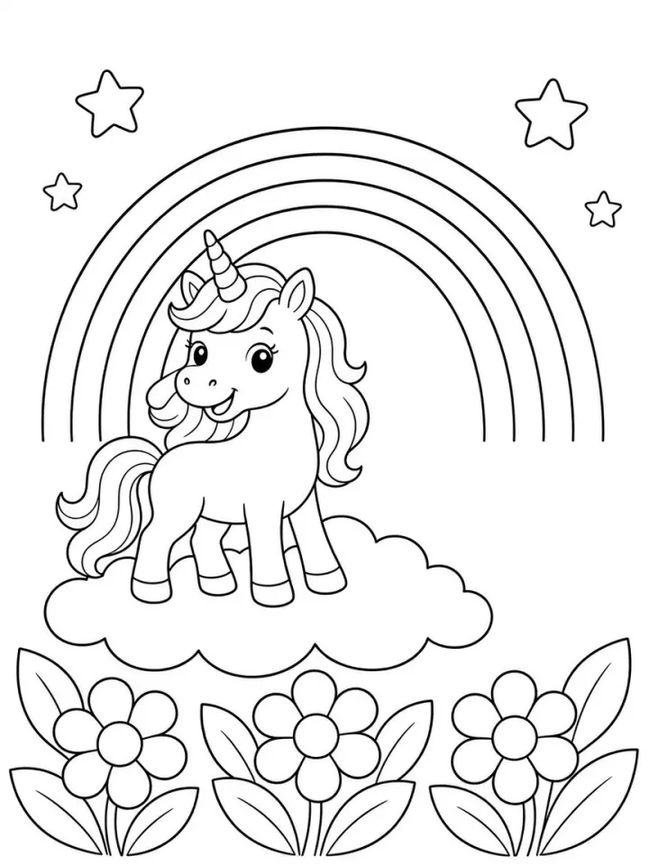 Sample cover art: a unicorn on a cloud under a rainbow, with flowers below and room at the top for the title