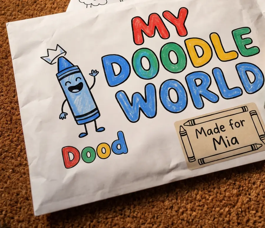 Mock-up: a My Doodle World envelope on a doormat with a label reading Made for Mia