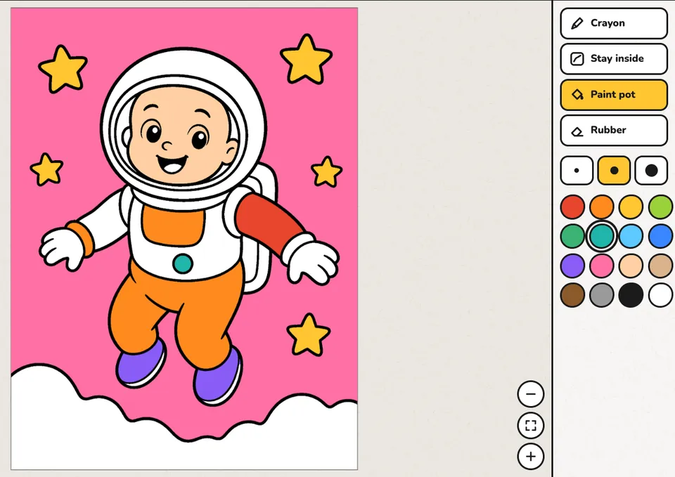 The colouring screen: an astronaut page coloured in with the paint pot, with the crayons, stay inside, paint pot and rubber tools beside it