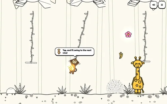 Mango’s Vine Swing: Mango the monkey swings from vine to vine past a giraffe