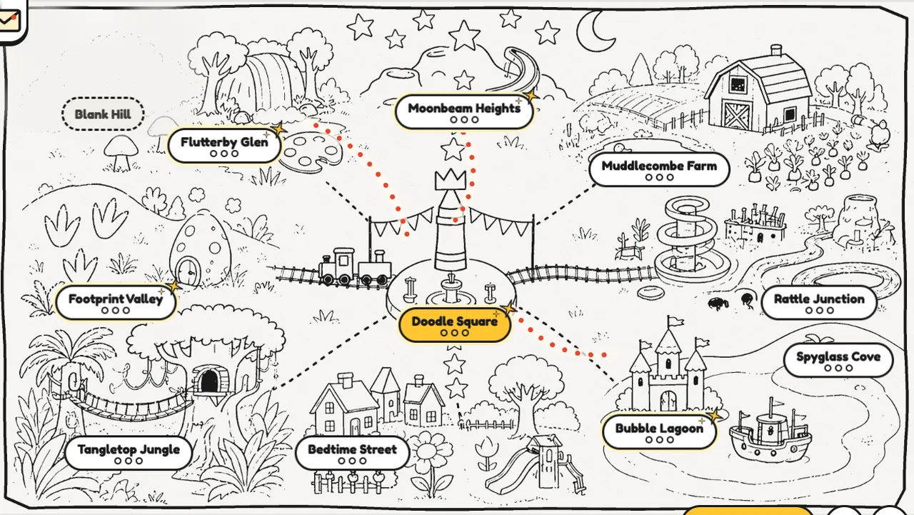 The Doodle World map: Doodle Square and its crayon lighthouse in the middle, with paths out to Bedtime Street, Moonbeam Heights, Footprint Valley, Flutterby Glen, Bubble Lagoon, Spyglass Cove, Tangletop Jungle, Muddlecombe Farm and Rattle Junction