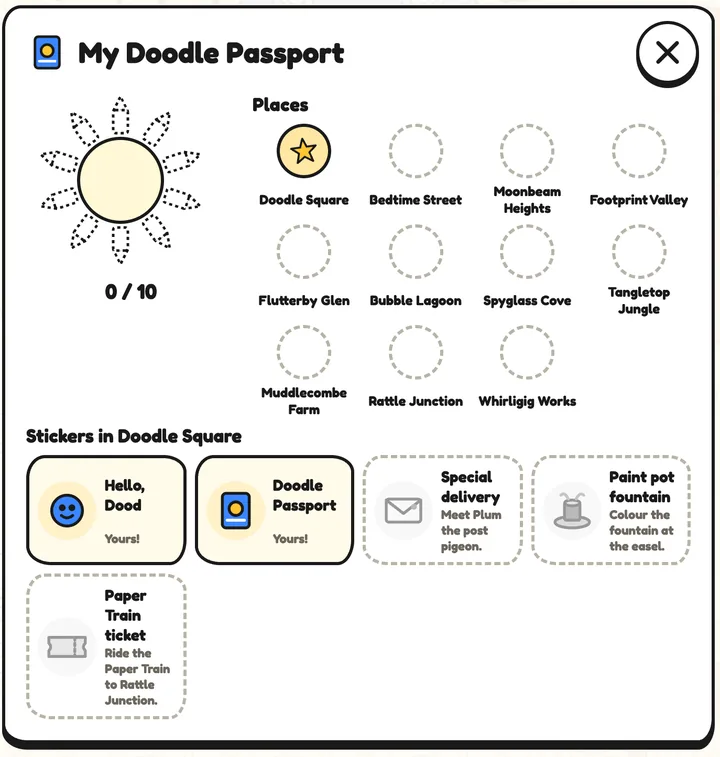 My Doodle Passport: a stamp for Doodle Square, empty circles for the other places, and the stickers to find in Doodle Square
