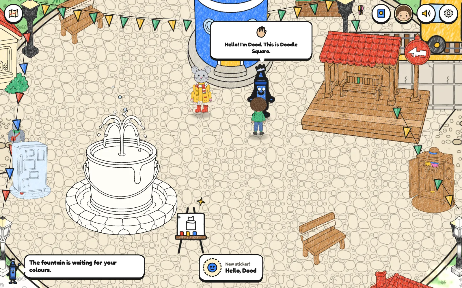Doodle Square in Doodle World: a child’s doodle says hello to Dood the crayon by the Crayon Lighthouse, with Tilly Wick the mouse and Plum the pigeon nearby